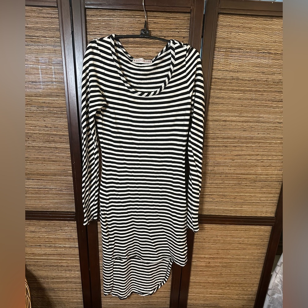 Form fitting Black and White Striped Long Sleeve High-Low Dress